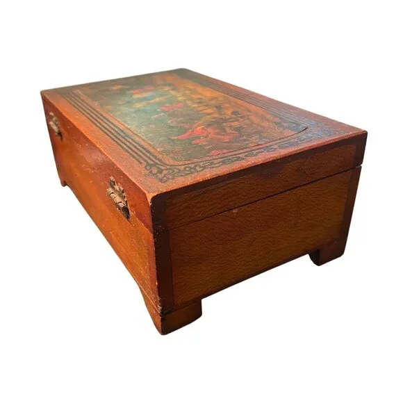 Vintage Moody Art Wooden Box Hinged Equestrian Hunting Dogs - Picture 3 of 6